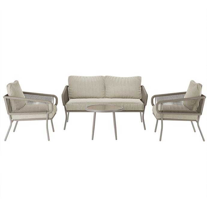 **[Luxo Living Isla 4 Seater Rope Outdoor Furniture Set, $2,490.00, On Sale For $1,099](https://www.luxoliving.com.au/isla-4-seater-rope-outdoor-furniture-set?sku=LOISLA-SDBG&gclid=Cj0KCQiAhMOMBhDhARIsAPVml-FtUbS8E8RnT_Jsndz8DaVSOwFatcWhyU8znm_TFbBbEysSPHObjbcaAq5eEALw_wcB|target="_blank"|rel="nofollow")**

An intimate, elegant setting for a small outdoor area or balcony. Choose from charcoal or sandy beige cushion covers on a textured wicker and powder-coated steel frame. Matching tempered glass-topped table is just the right size for nibbles or a stack of magazines to relax with. **[SHOP NOW.](https://www.luxoliving.com.au/isla-4-seater-rope-outdoor-furniture-set?sku=LOISLA-SDBG&gclid=Cj0KCQiAhMOMBhDhARIsAPVml-FtUbS8E8RnT_Jsndz8DaVSOwFatcWhyU8znm_TFbBbEysSPHObjbcaAq5eEALw_wcB|target="_blank"|rel="nofollow")** 