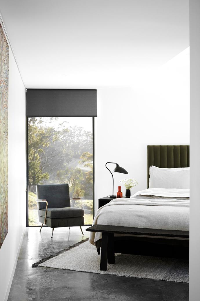 An angled bed can make a bedroom feel cramped, but this home's generous footprint allows for it. Simple furnishings, including an antique Japanese bench sourced from [Edo Arts](https://edoarts.com.au/|target="_blank"|rel="nofollow"), enhance the Zen vibe. Blinds, [Verosol](https://verosol.com.au/|target="_blank"|rel="nofollow"). Rug, armchair and bedhead, [GlobeWest](https://www.globewest.com.au/|target="_blank"|rel="nofollow"). Throw, [Bemboka](https://bemboka.com/|target="_blank"|rel="nofollow").
