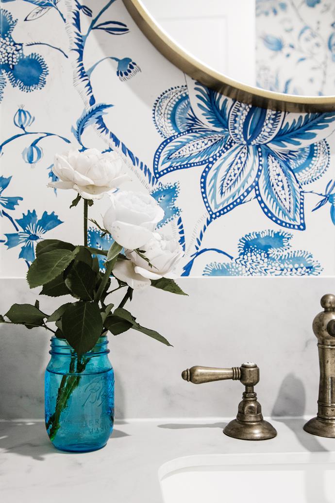 **POWDER ROOM** Thibaut's 'Donegal' wallpaper (try Fabric Studio) adds floral fever.