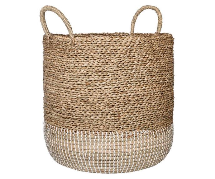 [Plato Basket, $89.95, Freedom](https://www.freedom.com.au/product/24241960|target="_blank"|rel="nofollow")

Sturdy and stylish, the touch of white at the base of this basket lends itself to coastal decor. A great one to house a large pot plant, big handles make for easy manouvering - plant and all.
Measurements: W45 cm x D45 cm x H45 cm