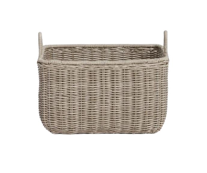 [Giovanni Grey Basket, $47.97, Myer](https://www.myer.com.au/p/heritage-giovanni-grey-basket-51x43cm|target="_blank"|rel="nofollow")

Also available in other sizes, this poly rattan basket is water-resistant and reinforced with a metal frame, so makes a perfect pantry basket. The simple design and grey colour would suit many decorating styles - from modern country to a more contemporary monochrome setting.
Measurements: W53 cm x D43 cm x H30 cm