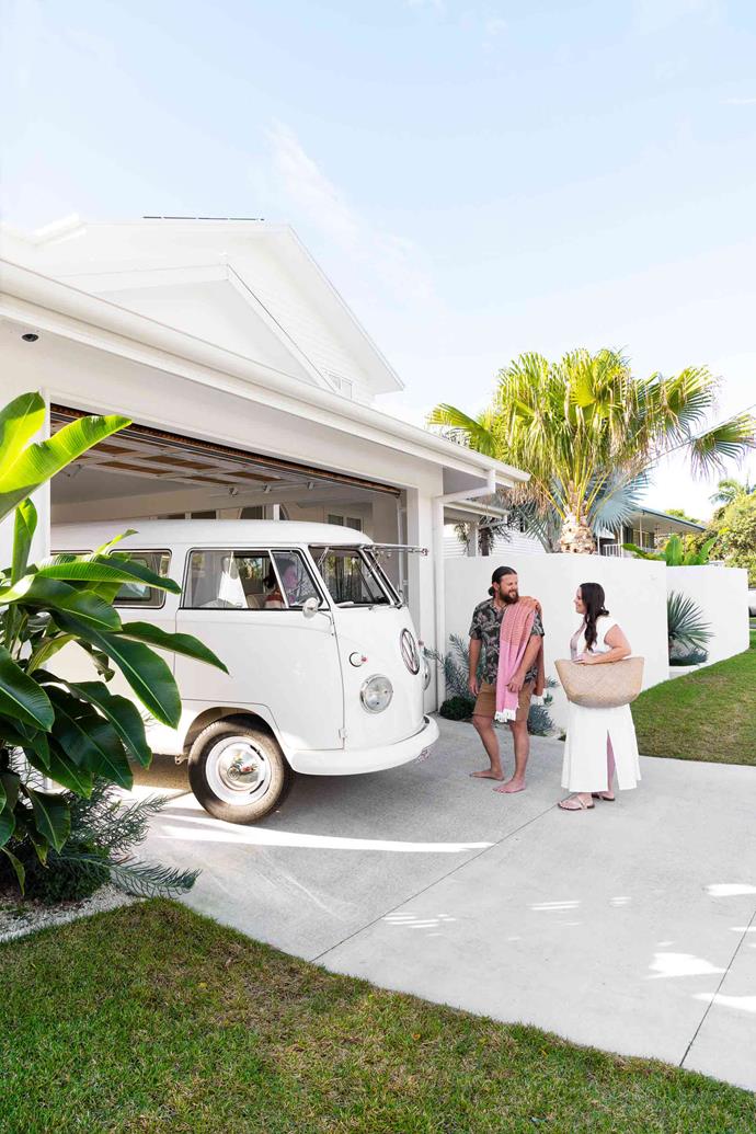 **EXTERIOR** "There's a lot of white in the house inside and out, so I wanted a warm undertone and it's just right," says Kellie (pictured above, with Scott, outside her home; son Noah is in the van) of their choice of Haymes Minimalist 1 for the exterior.