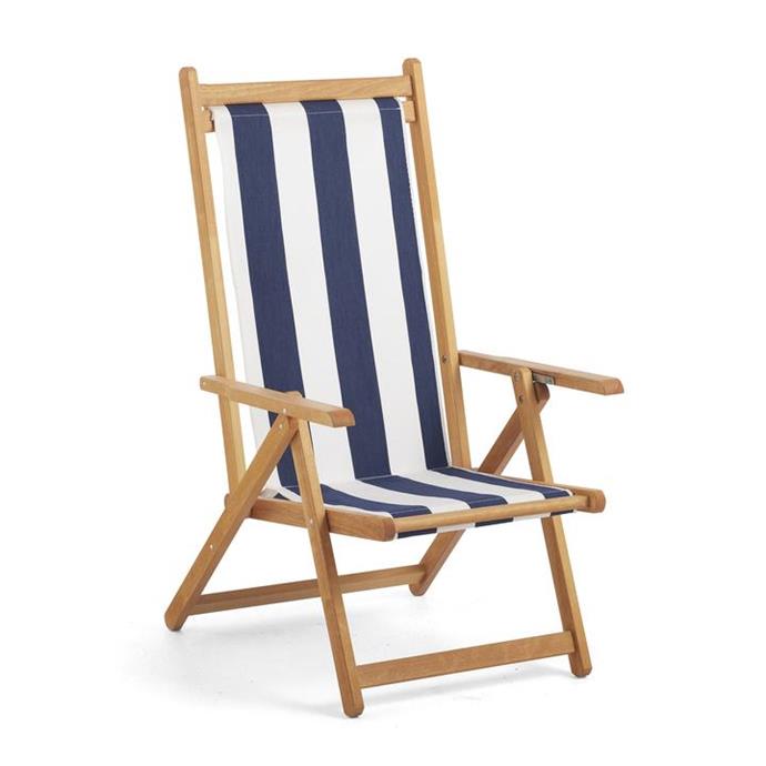 **[Monte Deck Chair In Serge, $389, Basil Bangs](https://basilbangs.com/collections/timber-deck-chairs/products/monte-deck-chair-serge|target="_blank"|rel="nofollow")** 
<br>
Those looking to channel the classic beachy vibe should look no further than this nautical striped design. Crafted with stainless steel fixtures, this chair is sturdy with two adjustable seating positions to suit any preference. It's the perfect accessory to take with you to the beach. **[SHOP NOW.](https://basilbangs.com/collections/timber-deck-chairs/products/monte-deck-chair-serge|target="_blank"|rel="nofollow")**
