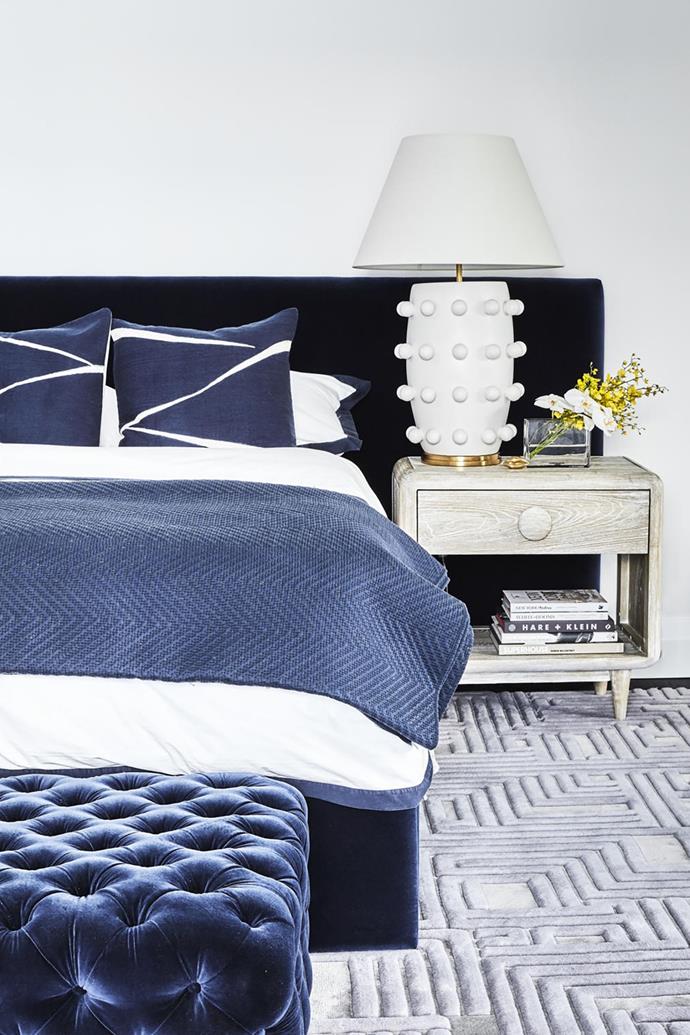 This rich blue "Mirabelle' headboard from Heatherly Designs ties together the layers and textures in the bedroom of [this Federation townhouse with a modern makeover](https://www.homestolove.com.au/federation-townhouse-modern-makeover-19773|target="_blank"). 