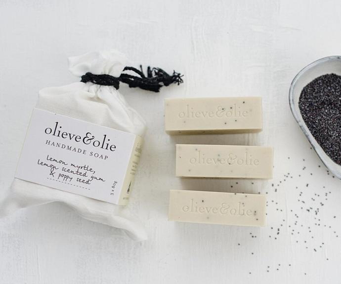 **[Handmade bar soap, $20 (set of 3), Olieve & Olie](https://www.olieveandolie.com.au/shop/hand-made-bar-soap|target="_blank"|rel="nofollow")**
<br></br> 
Olieve & Olie are based on the WA's Mornington Peninsula and make the most gorgeous, creamy soaps. Each bar is handmade from a blend of ingredients such as olive oil, goats milk, beeswax and coconut oil, to cleanse deeply without stripping the skin's natural oils. For a stress-relieving scent, try their lavender, rose, geranium pink clay bar, or for something more invigorating, try the ylang ylang, mandarin and coffee bar.