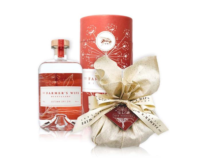 **[Autumn Dry & gin pudding gift pack, from $100, The Farmer's Wife Distillery](https://farmerswifedistillery.com.au/shop/autumn-dry-gin-pudding-gift-pack/|target="_blank"|rel="nofollow")**
<br></br>
After falling in love with the process of artisan distilling, Kylie Sepos decided to learn the art herself, launching The Farmer's Wife Distillery in 2018. The gin is hand-distilled and all ingredients like lemon myrtle and sugar bag honey are sourced as locally as possible. Finish Christmas Day on a high note, by giving the Autumn Dry & gin pudding gift pack to someone you love this year.
