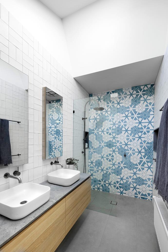 Clad in more Popham Design tiles by [Tiento](https://tiento.com.au/|target="_blank"|rel="nofollow"), this bathroom is super fun. The vanity is [Polytec](https://www.polytec.com.au/|target="_blank"|rel="nofollow") Natural Oak and [Caesarstone](https://www.caesarstone.com.au/|target="_blank"|rel="nofollow") Airy Concrete. Basins, [Nood Co](https://noodco.com.au/|target="_blank"|rel="nofollow"). Taps, [Faucet Strommen](https://www.faucetstrommen.com.au/|target="_blank"|rel="nofollow").