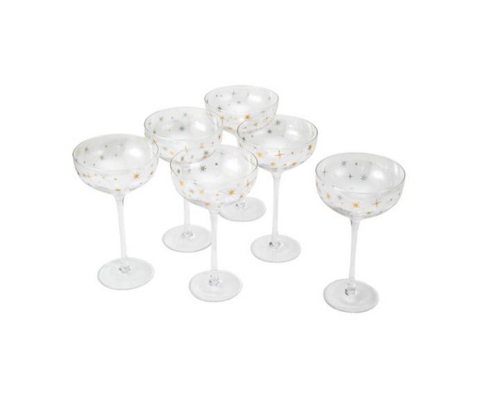 [**6 Gold Star Coupe Champagne Glasses, $15**](https://www.kmart.com.au/product/6-gold-star-coupe-champagne-glasses/3808324|target="_blank"|rel="nofollow")

While they're not technically Christmas decorations, these coupe Champagne glasses are the only thing we'll be drinking out of over the festive season!
