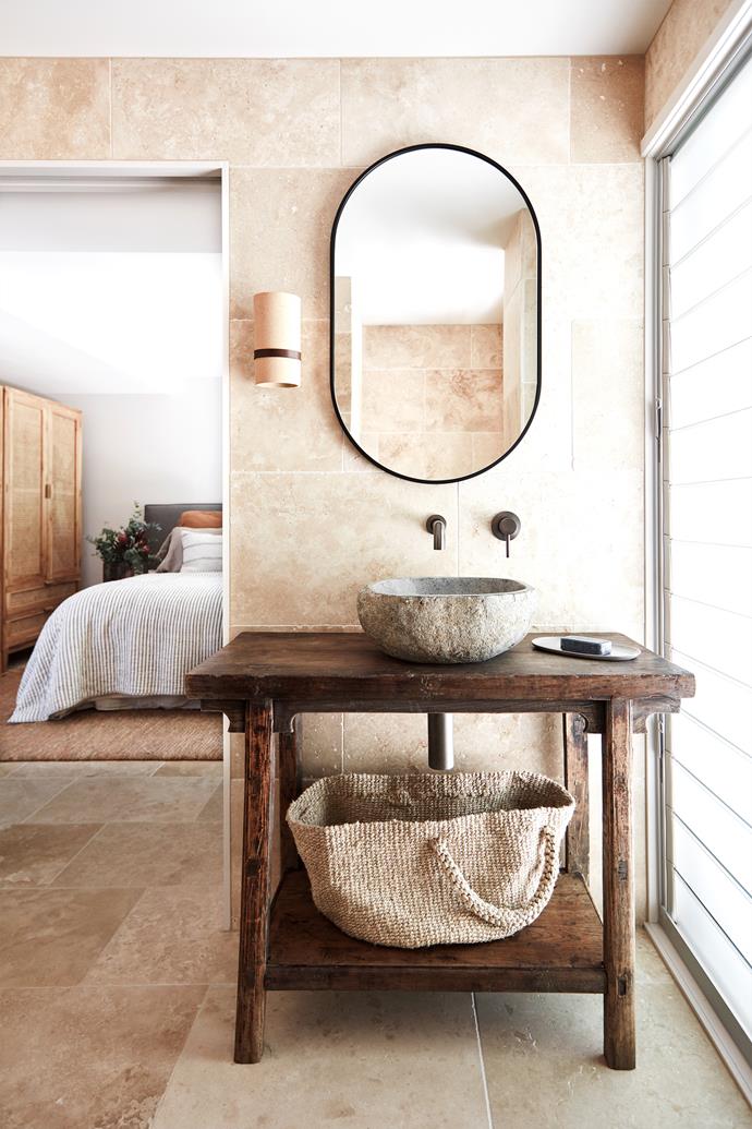 A vanity from Orient House paired with a basin found by the client really elevates the space. Lucia tapware, [Abey](https://www.abey.com.au/|target="_blank"|rel="nofollow"). Light, LWID x Handmade & Found. Mirror, [Middle Of Nowhere](https://middleofnowhere.com.au/|target="_blank"|rel="nofollow"). Basket, [The Dharma Door](https://thedharmadoor.com.au/|target="_blank"|rel="nofollow").