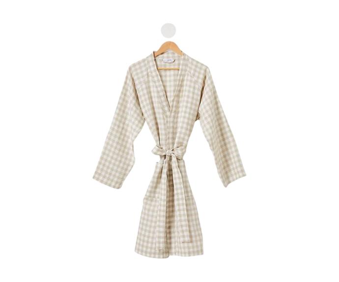 Nothing is more luxurious than stepping out of the shower and into a robe. Robes, such as the **[Home Republic washed linen robe, on sale for $74.99 at Adairs](https://www.adairs.com.au/bathroom/bath-robes/home-republic/vintage-washed-linen-check-linen-robe/|target="_blank"|rel="nofollow")**, are a wonderful unisex gift that are usually most-size fits all, so you can keep a couple in the cupboard to gift should the right moment arise. 
