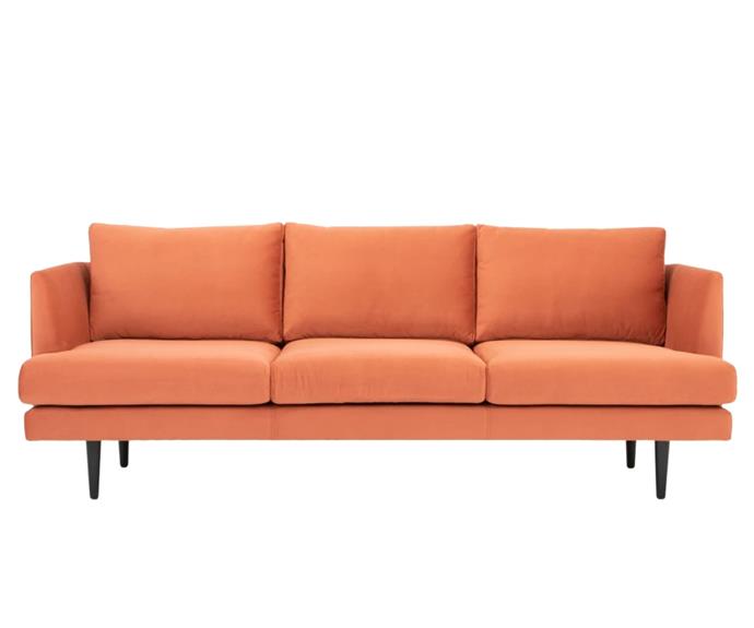 **[Sunset velvet sofa, $2399, Interiors Online](https://interiorsonline.com.au/products/sunset-3-seat-sofa|target="_blank"|rel="nofollow")**

Golden hour can exist at every moment of the day if you invest in this contemporary Sunset sofa. Featuring dusty orange velvet upholstery, soft lines, and black-stained timber legs, this couch complements Scandinavian and New York loft styles. **[SHOP NOW.](https://interiorsonline.com.au/products/sunset-3-seat-sofa|target="_blank"|rel="nofollow")**