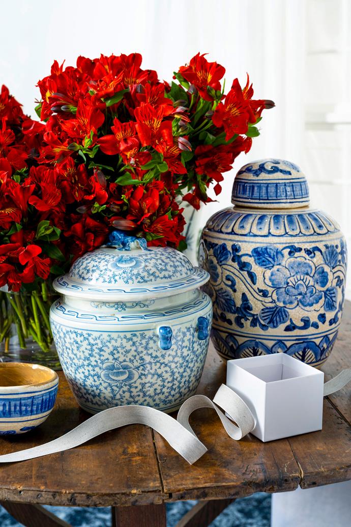 Porcelain container in Blue and White, $100, [Orient House](https://www.orienthouse.com.au/|target="_blank"|rel="nofollow"). Ceramic decor jar and lid in Blue, $235, Orient House. 'Tilly' ribbon in Natural, $14.95/10m roll,
Provincial Home Living. Square gift box in White, $3, The Reject Shop. 'Ultraweave Plus' curtains in Chloe Mist, $1465.20/2m x 3.5m, [Luxaflex](https://www.luxaflex.com.au/|target="_blank"|rel="nofollow").