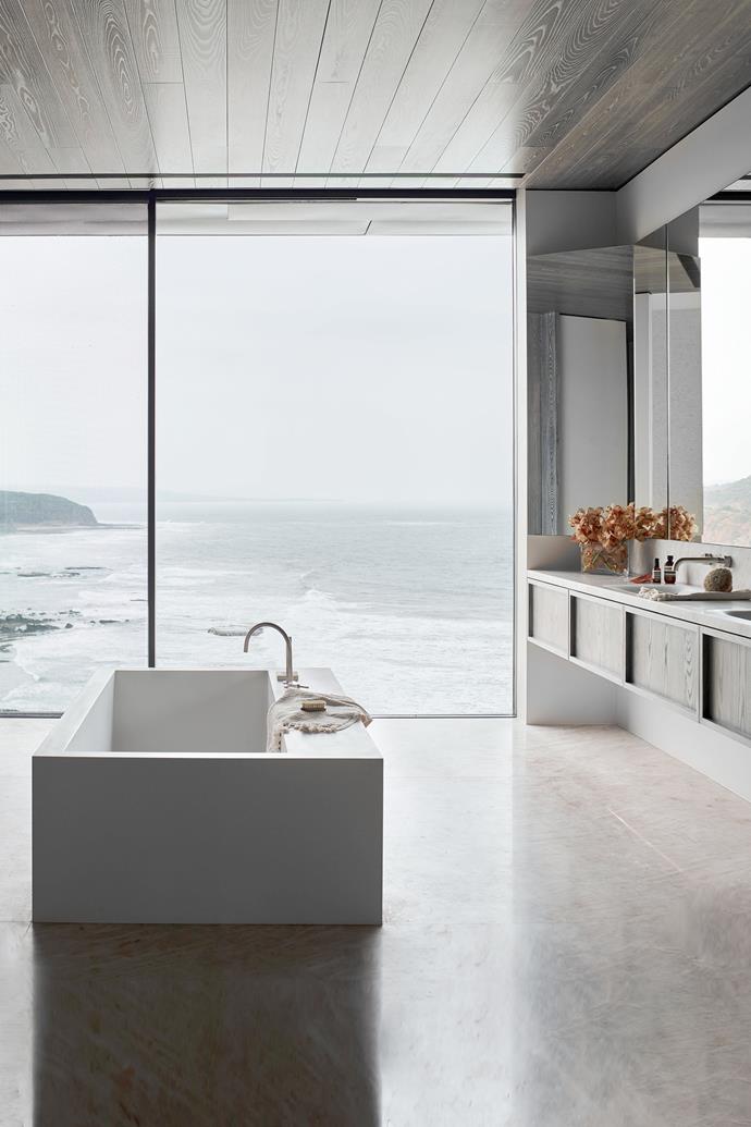 **BEST BATHROOM - Sponsored by Reece**<br>
**Rob Mills of Rob Mills Architecture & Interiors**<br>
If ever there was a bathroom that celebrates its sense of place, this is it. Perched on a clifftop overlooking one of Australia's most iconic surf breaks on Victoria's Great Ocean Road, its floor-to-ceiling windows make the room feel immersed in the landscape. This is a room where you can soak up the views while taking a long soak in the centrepiece Boffi freestanding bath. Quartzite flooring and European oak joinery add to the air of refined luxury. "It's a place of sanctuary with the formidable coastline beyond," says its creator, architect Rob Mills.