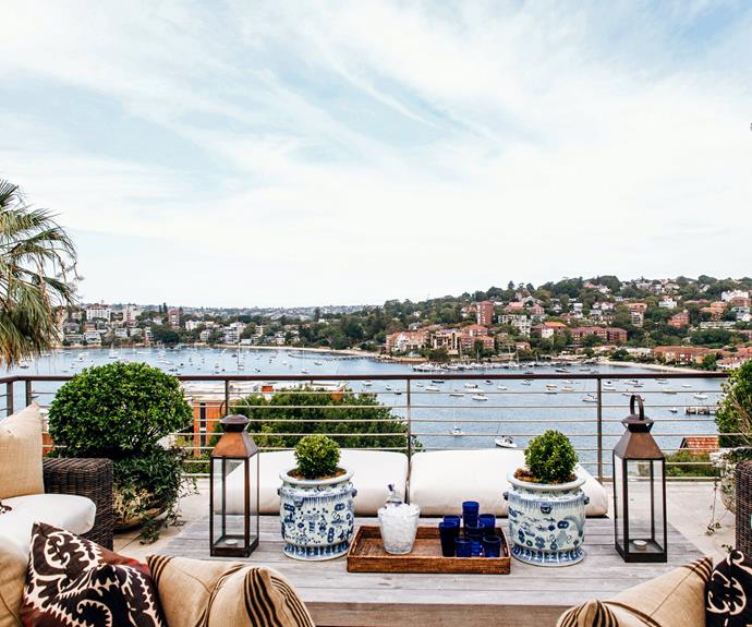 With its panoramic view of Sydney Harbour, the rooftop terrace of interior designer Lynda Kerry's former family home makes a perfect spot for drinks. Appointed with sofas by Eco Concepts and a coffee table by Robert Plumb, it echoes the design of the interior.