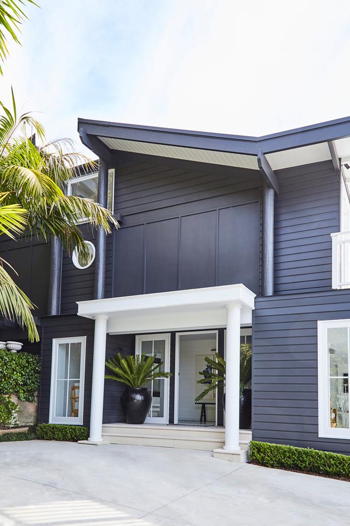 The home's exterior in Dulux Domino, is accented with Dulux White on White trims.