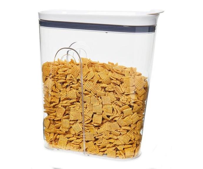**[Benzer Fliptite 4L cereal container, $23.95, Victoria's Basement](https://www.victoriasbasement.com.au/p/benzer-fliptite-cereal-container-30cm-4ltr/|target="_blank"|rel="nofollow")**
<br>
Poorly sealed boxes of cereal can quickly lead to an infestation of pantry moths. So keep those precious steel cut oats away from critters by storing them correctly in a container that will also make it easier for you to dispense a serve into your cereal bowl every morning. Featuring a shatterproof acrylic construction and a lid with a silicon seal, this is a sturdy container that will gladly serve up the most important meal of the day for years. 
<br> 
**[SHOP NOW](https://www.victoriasbasement.com.au/p/benzer-fliptite-cereal-container-30cm-4ltr/|target="_blank"|rel="nofollow")**