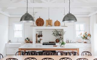 Modern country kitchen and dining room with cathedral ceiling