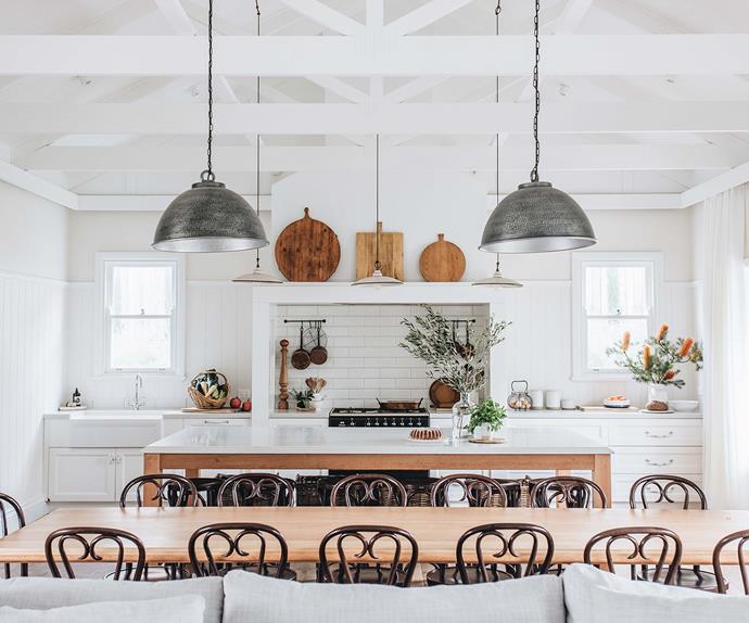 Modern country kitchen and dining room with cathedral ceiling