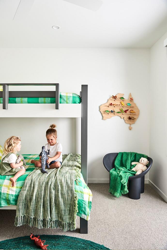 Flic and George play in his room, which is well equipped for sleepovers, thanks to the Frankie bunk bed from [House Of Orange](https://www.houseoforange.com.au/|target="_blank"|rel="nofollow"). Bed linen, [Society Of Wanderers](https://societyofwanderers.com/|target="_blank"|rel="nofollow"). Replica Roly Poly armchair, [The Feelter](https://www.thefeelter.com/|target="_blank"|rel="nofollow"). Rug, [Temple & Webster](https://www.templeandwebster.com.au/|target="_blank"|rel="nofollow"). Onetwotree 'Australia Map' wall shelf, [Koskela](https://koskela.com.au/|target="_blank"|rel="nofollow").