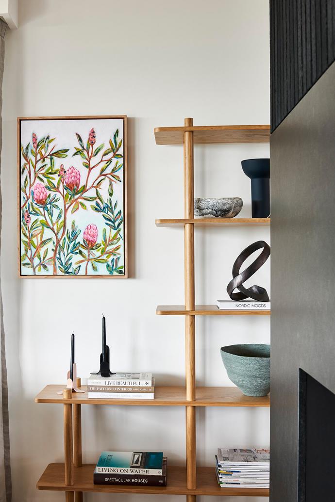 A botanical artwork by Patrick's sister, Bethany Dangerfield, fills a corner of the living room.
