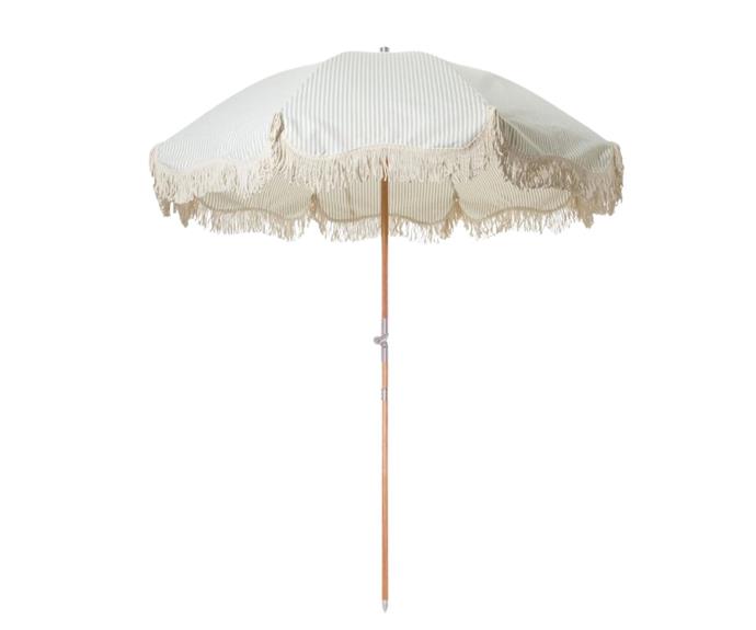 **[Business & Pleasure premium umbrella - sage stripe, $299, on sale $239, Aura Home](https://www.aurahome.com.au/preimium-beach-umbrella-sage|target="_blank"|rel="nofollow")**

Lounge in luxury all summer under this sage striped umbrella from Business & Pleasure. Offering six feet of shade with its UV and water-resistant canopy, this umbrella is as protective as it is stylish. **[SHOP NOW.](https://www.aurahome.com.au/preimium-beach-umbrella-sage|target="_blank"|rel="nofollow")**