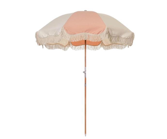 **[Business & Pleasure premium beach umbrella - pink panel, $299, on sale $239, Aura Home](https://www.aurahome.com.au/preimium-beach-umbrella-pink-panel|target="_blank"|rel="nofollow")**

As the second Business & Pleasure umbrella to make the list, the pink and white panelled design of this one was just too sweet to not include. Also providing six feet of shade, you'll be having fun in (and out of) the sun all summer long. **[SHOP NOW.](https://www.aurahome.com.au/preimium-beach-umbrella-pink-panel|target="_blank"|rel="nofollow")**