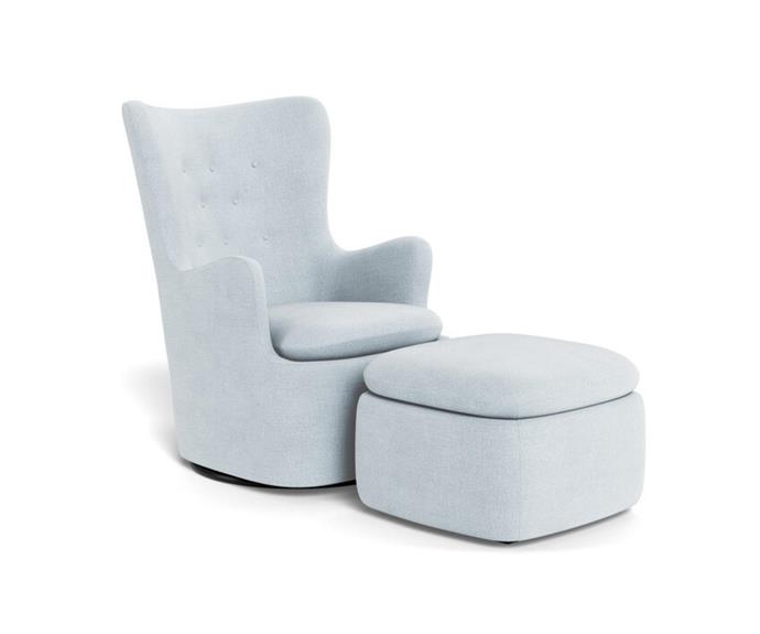 **[Glider fabric armchair and ottoman in harbour sky, $898, Freedom](https://www.freedom.com.au/product/23897526|target="_blank"|rel="nofollow")**
<br> 
This perfect pair from Freedom features not only a glider chair, but a gliding ottoman! Perfect for parents and babies who find the gliding motion soothing during restless days and nights. The chair's silhouette is also very contemporary and puts a curvaceous spin on the classic wing-backed chair. Also available in harbour fog.