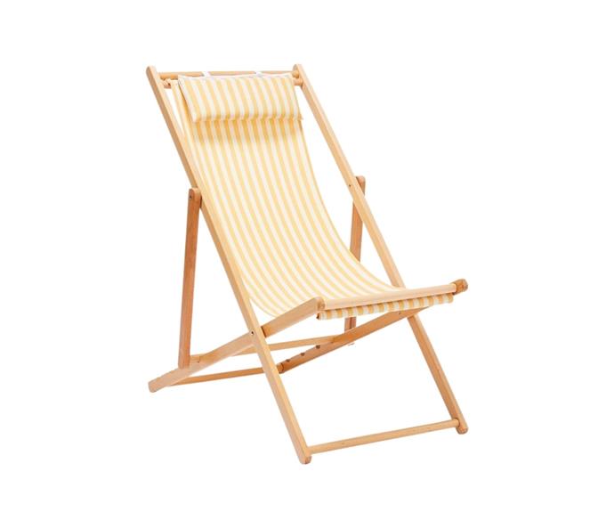 **[Timber sunshine striped beach deck chair, $199.99, on sale $99.99, Adairs](https://www.adairs.com.au/bathroom/beach-towels/adairs/timber-beach-sunshine-stripe-deck-chair/|target="_blank"|rel="nofollow")**

Maximise coastal comfort with this sunshine striped chair that features a soft, yellow headrest - perfect for a little snooze on the sand. Made with lightweight timber, this seat folds and travels easily. **[SHOP NOW.](https://www.adairs.com.au/bathroom/beach-towels/adairs/timber-beach-sunshine-stripe-deck-chair/|target="_blank"|rel="nofollow")**