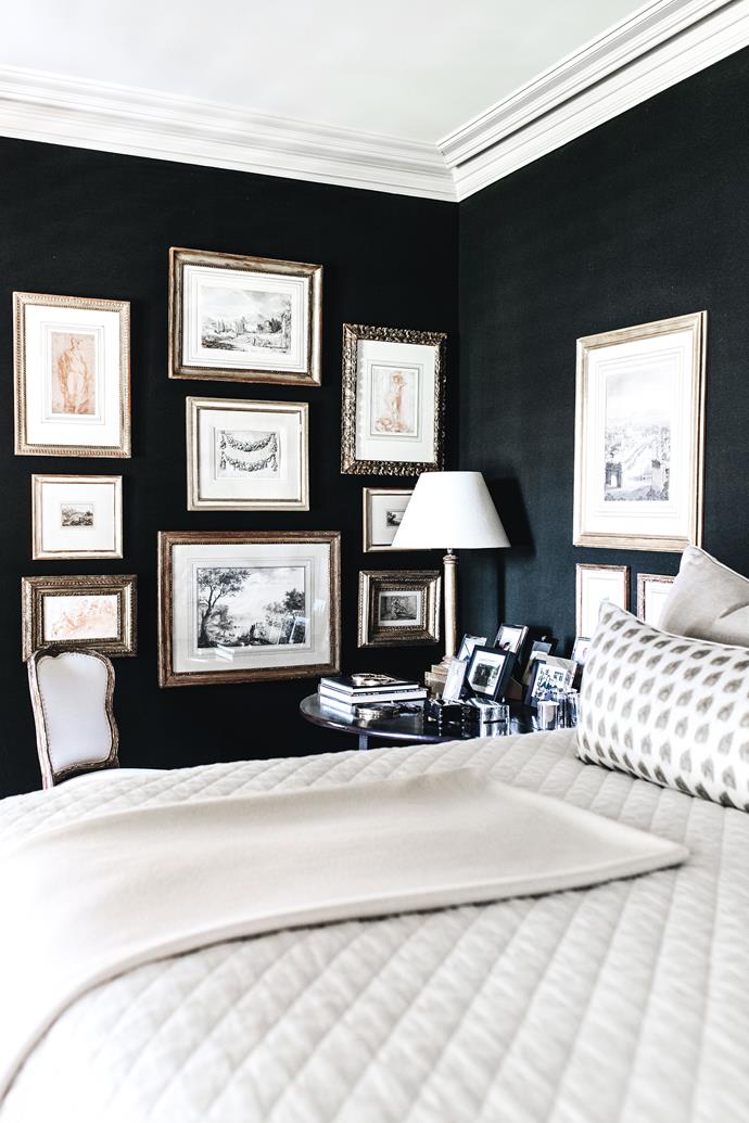 The master bedroom walls are covered in dark-green cashmere and hung with Old Master drawings dating from the 16th to the 19th century.