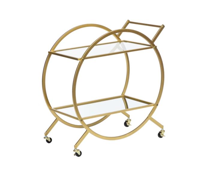 **[Cooper & Co. Remy gold steel bar cart, $249, Catch](https://www.catch.com.au/product/cooper-co-remy-gold-steel-bar-cart-with-glass-rack-10352355/|target="_blank"|rel="nofollow")**

Classically modern, this rounded bar cart from Cooper & Co features two mirrored shelves and a golden metal frame. With ample space for glasses and bottles, this trolly will complement any entertaining space. **[SHOP NOW.](https://www.catch.com.au/product/cooper-co-remy-gold-steel-bar-cart-with-glass-rack-10352355/|target="_blank"|rel="nofollow")**