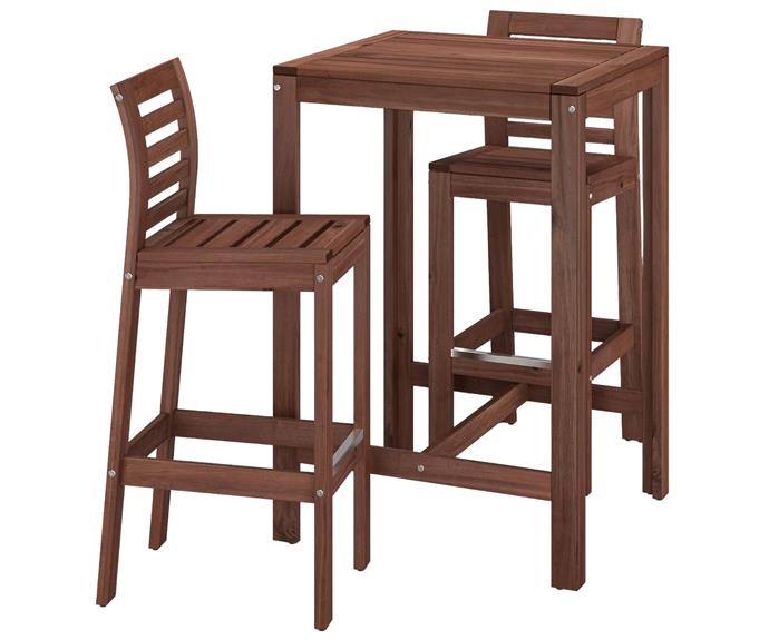 **[ÄPPLARÖ BAR TABLE AND STOOLS, $323, IKEA](https://www.ikea.com/au/en/p/aepplaroe-bar-table-and-2-bar-stools-outdoor-brown-stained-froesoen-duvholmen-dark-grey-s49268610/|target="_blank"|rel="nofollow")** 

Never one to disappoint, you can't look past IKEA when it comes to trendy yet affordable outdoor furniture buys. Ideal for small(er) spaces, you can entertain in style without breaking the bank with this set. All you have to do is pull up a chair, grab a glass of bubbly and enjoy. **[SHOP NOW.](https://www.ikea.com/au/en/p/aepplaroe-bar-table-and-2-bar-stools-outdoor-brown-stained-froesoen-duvholmen-dark-grey-s49268610/|target="_blank"|rel="nofollow")**
