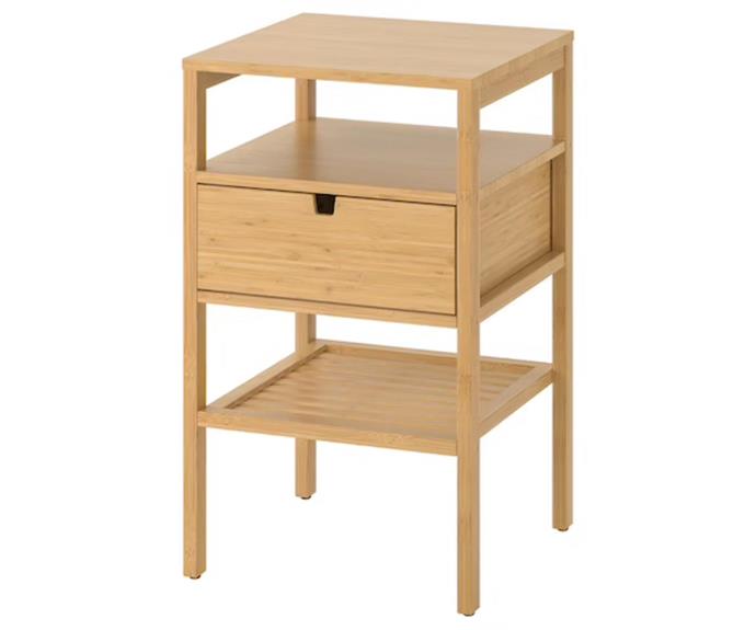 [**NORDKISA bamboo bedside table, $99**](https://www.ikea.com/au/en/p/nordkisa-bedside-table-bamboo-40447678/|target="_blank"|rel="nofollow") <br>
Tiny but mighty, this bedside table has 3 handy storage surfaces and a drawer to help you stay organised. Plus, you can run or your cords through the handle front or back to keep them out of sight.