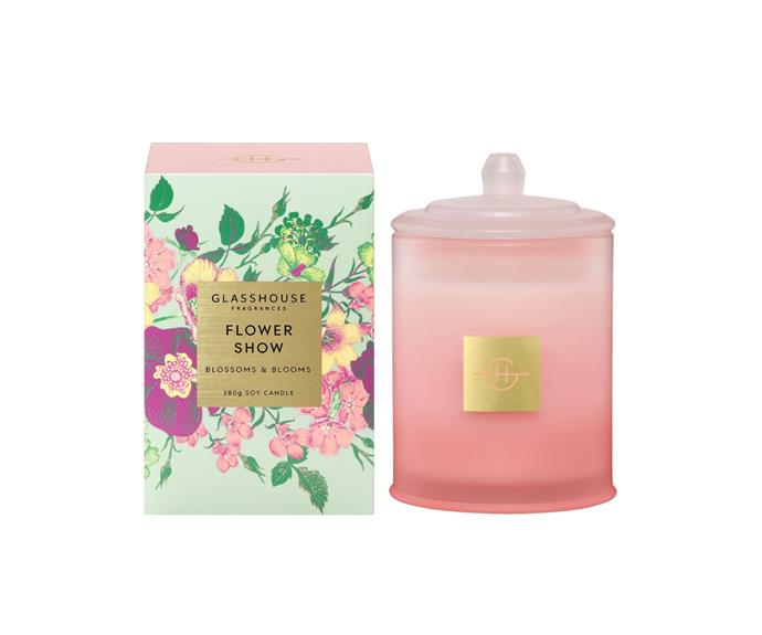 **[Flower Show Triple Scented Soy Candle 380g, $54.95, Glasshouse Fragrances](https://www.glasshousefragrances.com/products/380g-candle-flower-show?variant=39412716437588|target="_blank"|rel="nofollow")** 

Flower Show from Glasshouse Fragrances is designed to transport you to another world with gentle notes of green apple paired with almond blossom and jasmine. Housed in a statement frosted glass vessel, this candle is almost too good looking to burn. **[SHOP NOW.](https://www.glasshousefragrances.com/products/380g-candle-flower-show?variant=39412716437588|target="_blank"|rel="nofollow")** 