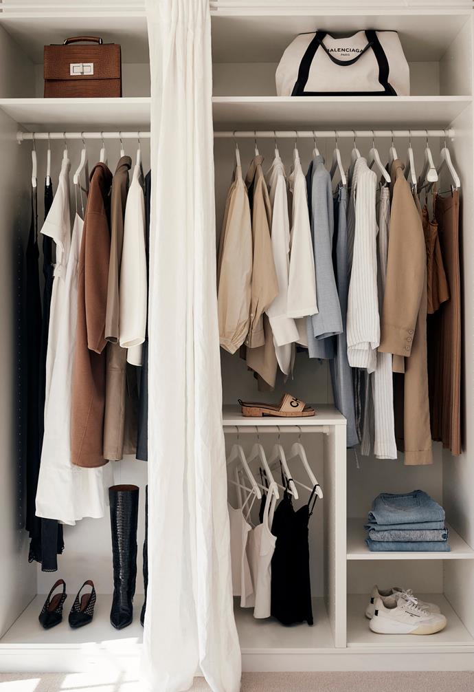 Light, bright and styled in a soft, neutral palette, Margie's luxe walk-in wardrobe is expertly organised to make getting dressed feel like a daily decadence.