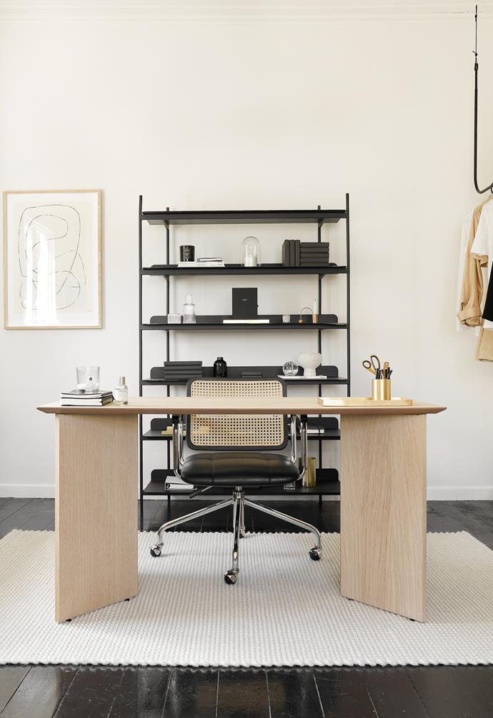 Beck's office space was created with help from New Zealand- design store SLOW. The statement desk by Ferm Living, Freedom desk chair and Muuto bookshelf set the scene for clear thoughts and productive days.