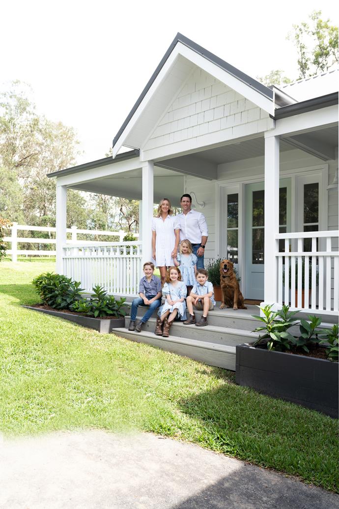 Kristy and Mark, pictured here with children Stella (standing) and (from left) Joshua, Ruby and Lachlan, and golden retriever Hudson, their generous block of land combines the convenience of city living with the fun of a semi-rural lifestyle.