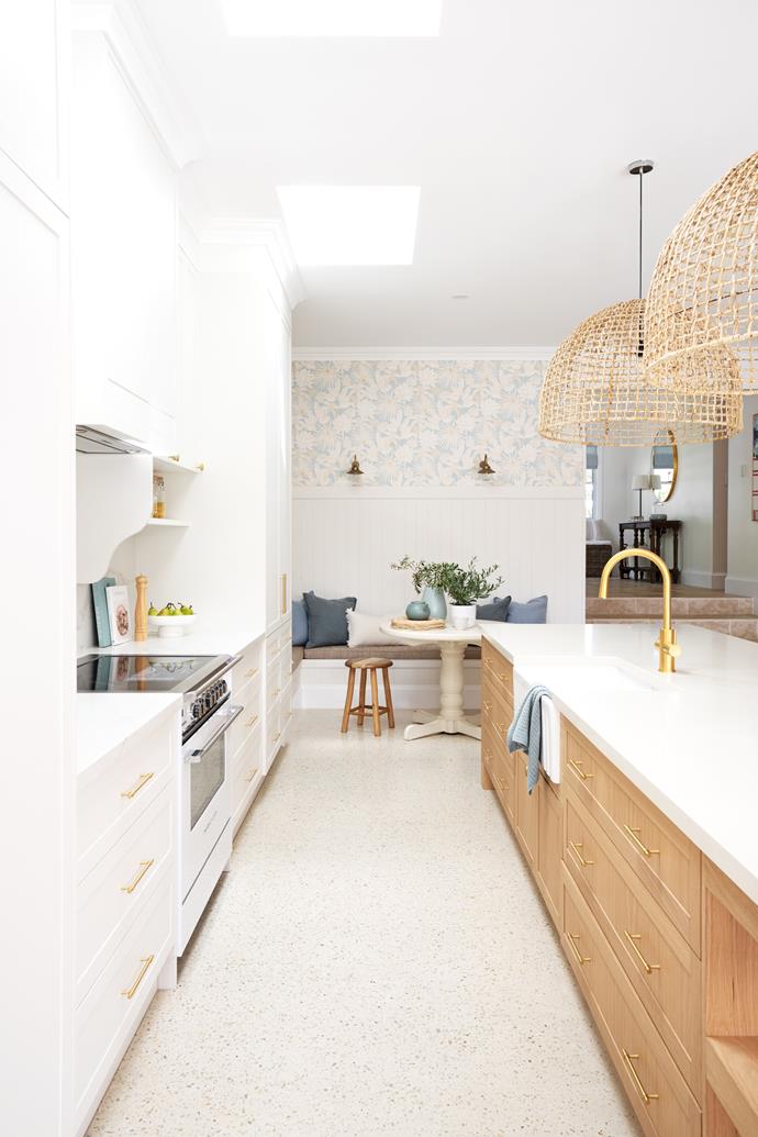 Sticking with a predominantly white palette tempered with oak, the cabinetry was colour-matched to walls in Dulux Natural White and accented with brushed brass door hardware from Passio Interiors, while a brushed gold Zip HydroTap from [Harvey Norman](https://www.harveynorman.com.au/|target="_blank"|rel="nofollow") adds an element of luxury.