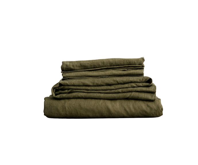 **[Linen Sheet Set with Pillowcases, from $425, Cultiver](https://cultiver.com.au/products/linen-duvet-cover-forest|target="_blank"|rel="nofollow")** 

The natural woven quality of linen sheets are perfect for an early night to restore your body and soul. Adding earthy green hues like this olive tone from Cultiver will bring a relaxing, nature-inspired aesthetic to your bedroom. **[SHOP NOW.](https://cultiver.com.au/products/linen-duvet-cover-forest|target="_blank"|rel="nofollow")**