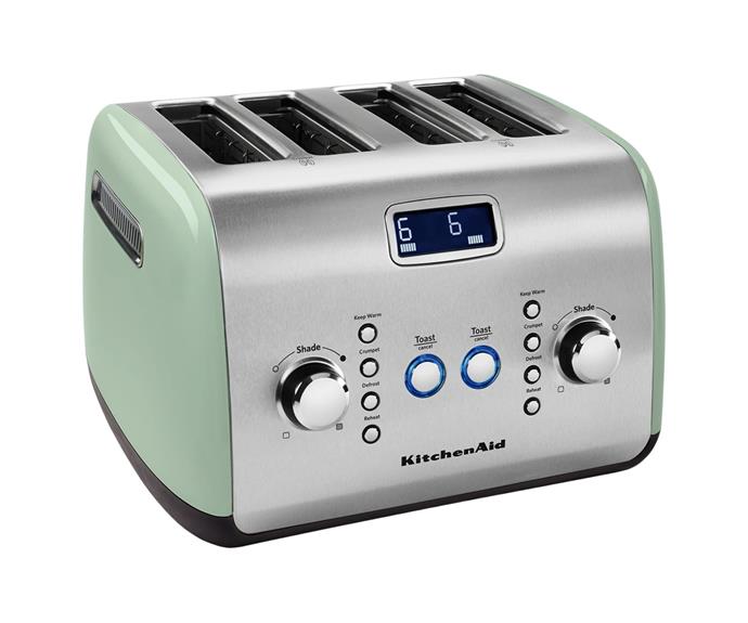 **[Artisan 4 slice toaster pistachio, $199 (usually $289), KitchenAid](https://kitchenaid.com.au/products/kitchenaid-artisan-4-slice-toaster-kmt423?variant=21078618406966|target="_blank"|rel="nofollow")**

Featuring a LCD display to keep track of your personalised settings and an inbuilt audio that alerts you when your toast is ready, making 'just right' toast is done with ease. Available in blue velvet, pistachio, empire red, almond cream, contour silver and stainless steel, this KitchenAid toaster will look toasty on any counter. **[SHOP NOW.](https://kitchenaid.com.au/products/kitchenaid-artisan-4-slice-toaster-kmt423?variant=21078618406966|target="_blank"|rel="nofollow")**