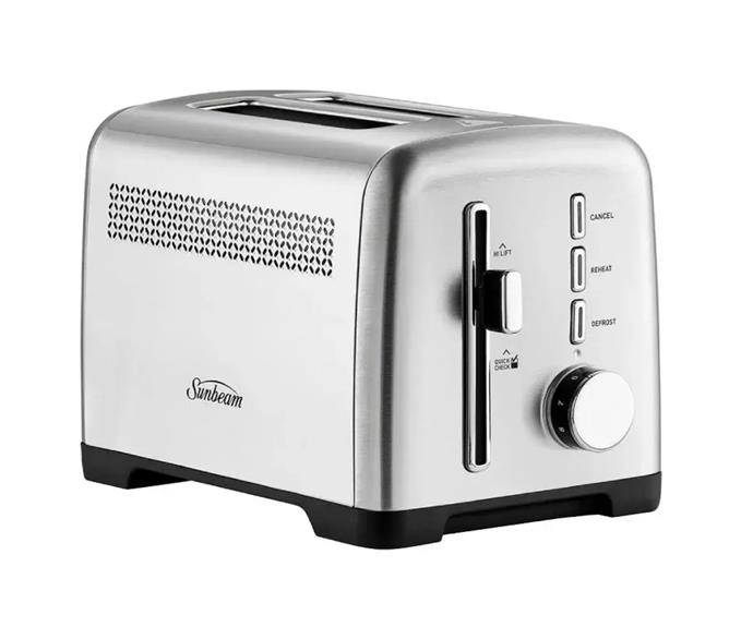 **[Sunbeam 2 slice stainless steel toaster, $45, Kogan](https://www.kogan.com/au/buy/sunbeam-2-slice-stainless-steel-toaster-sunbeam/|target="_blank"|rel="nofollow")**

If you're after something simple yet modern, the affordable Sunbeam toaster is a mighty fine choice. With a timeless stainless steel finish, nine browning settings, removable crumb tray and electronic dial, toasting in the mornings is easy as pie. **[SHOP NOW.](https://www.kogan.com/au/buy/sunbeam-2-slice-stainless-steel-toaster-sunbeam/|target="_blank"|rel="nofollow")**