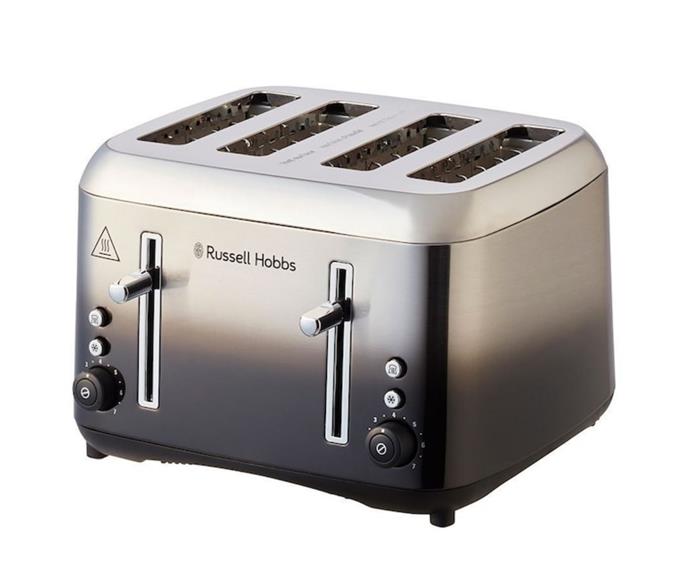 **[Russell Hobbs 4 slice Midnight toaster, $71 (usually $89), Target](https://www.target.com.au/p/russell-hobbs-4-slice-midnight-toaster-rht514bkf/65041710|target="_blank"|rel="nofollow")**

Add a subtle touch of modernity to your kitchen with the ombré finished toaster from Russell Hobbs. Featuring dual browning controls and a suite of functions (including defrost and reheat), you'll be set in the toast department with this model. **[SHOP NOW.](https://www.target.com.au/p/russell-hobbs-4-slice-midnight-toaster-rht514bkf/65041710|target="_blank"|rel="nofollow")**