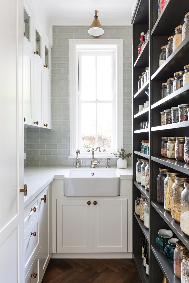 Shallow shelves and see-through jars like in [this restored family home](https://www.homestolove.com.au/refined-georgian-meets-hamptons-style-home-23417|target="_blank") make finding what you need super easy, and helps to  prevent you from buying things you already have. 