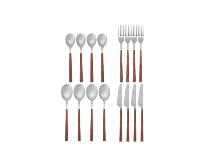 **[Finn 16 Piece Cutlery Set, $15](https://www.kmart.com.au/product/finn-16-piece-cutlery-set/3726801|target="_blank"|rel="nofollow")**

The **[Finn cutlery set](https://www.kmart.com.au/product/finn-16-piece-cutlery-set/3726801|target="_blank"|rel="nofollow")** is a stylish blend of classic and contemporary: steel and timber materials in a modern geometric design. This set is so versatile, it works with everything from rustic and earthy to crisp and clean table settings.