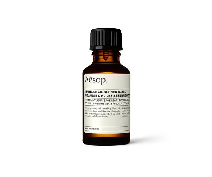 **[Isabelle Oil Burner Blend, $39, Aēsop](https://www.aesop.com/au/p/home/home-formulations/isabelle-oil-burner-blend/|target="_blank"|rel="nofollow")**<br>
Crafted from spearmint leaf, sage leaf and rosemary leaf, this oil blend is designed to stimulate and refresh. Perfect for adding to a good work or study session to provoke thoughts and musings. **[SHOP NOW](https://www.aesop.com/au/p/home/home-formulations/isabelle-oil-burner-blend/|target="_blank"|rel="nofollow")**