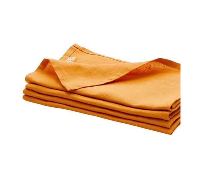 **[100% linen napkin set in Marigold, $65, In Bed](https://inbedstore.com/products/100-linen-napkin-set-in-marigold|target="_blank"|rel="nofollow")**

Responsibly dyed with eco-friendly products, and softened with volcanic stones rather than harsh chemicals, this four-piece linen napkin set from In Bed is a sustainably stylish napery pick. Like this marigold tone, the linen is available in 11 other prints that are bound to brighten up dinnertime. **[SHOP NOW.](https://inbedstore.com/products/100-linen-napkin-set-in-marigold|target="_blank"|rel="nofollow")**