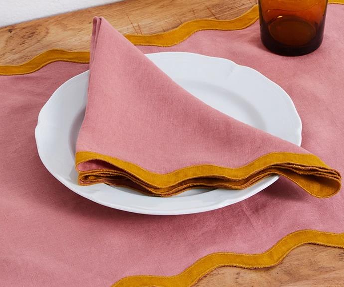 **[Pink Clay 100% French flax linen scalloped napkins, $70, Bed Threads](https://bedthreads.com.au/products/100-linen-scalloped-napkins-in-pink-clay-turmeric-set-of-four?variant=39380528496774|target="_blank"|rel="nofollow")**

Inspired by Jean Royère curves, Bed Thread's scalloped napkins feature interesting silhouettes in its two-toned linen napkin range. The shaped edging is very much in vogue - as it adds a hint of whimsicality to any home design. **[SHOP NOW.](https://bedthreads.com.au/products/100-linen-scalloped-napkins-in-pink-clay-turmeric-set-of-four?variant=39380528496774|target="_blank"|rel="nofollow")**