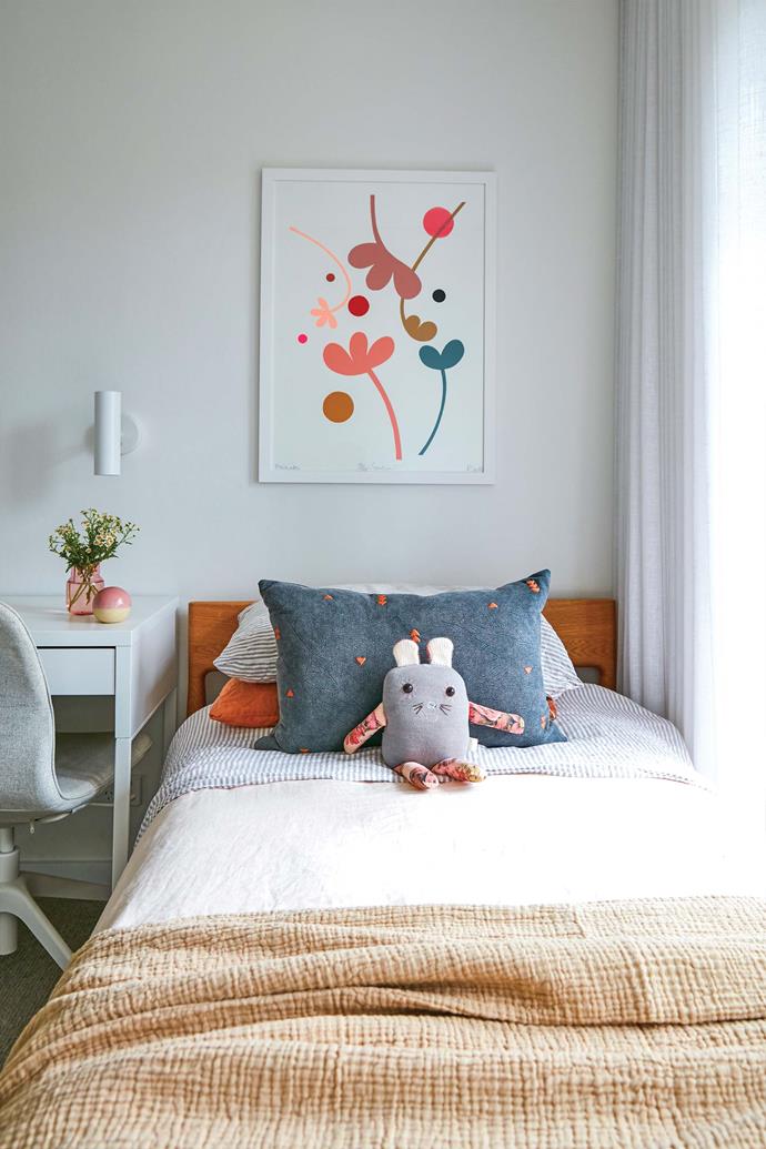 Edie's room is compact but still comfortably fits a king-single bed. Artwork by [Rachel Castle](https://www.castleandthings.com.au/|target="_blank"|rel="nofollow").