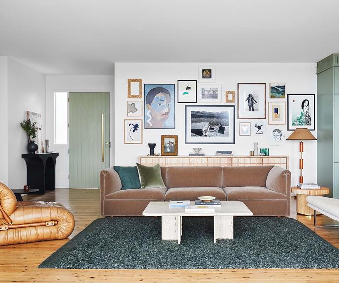 Comfort is king for Kerrie-Ann, who chose a Retreat modular sofa from [Fred International](https://fredinternational.com.au/|target="_blank"|rel="nofollow") and Percival Lafer leather armchair from Colecta Rara. White sofa, bought on eBay. Coffee table, a Gumtree find. Ethnicraft 'Oblic' side table (on left), [Trit House](https://www.trithouse.com.au/|target="_blank"|rel="nofollow"). Elton side table, [Sarah Ellison](https://sarahellison.com.au/|target="_blank"|rel="nofollow"). Palus rug, [Armadillo](https://armadillo-co.com/|target="_blank"|rel="nofollow"). Stud sideboard in oak, designed by Kerrie-Ann. Black vase, [The DEA Store](https://thedeastore.com/|target="_blank"|rel="nofollow"). Scalloped bowl (on books) and white vase by Tina Psarianos. Vintage floor lamp, [Breen Interiors](https://www.breeninteriors.com/|target="_blank"|rel="nofollow"). Artworks by Paige Northwood, Inès Longevial, Terry O'Neill, Rennie Ellis, Peta Morris and Jai Vasicek, as well as a replica Banksy work on a vinyl disc and prints from Blacklist, Etsy, 20x200 and [House Of Orange](https://www.houseoforange.com.au/|target="_blank"|rel="nofollow"). At the entry, a Villa console from [Trit House](https://www.trithouse.com.au/|target="_blank"|rel="nofollow") is home to (from left) a sculpture by Katarina Wells from [Curatorial+Co](https://curatorialandco.com/|target="_blank"|rel="nofollow"), an artwork by Antonia Perricone Mrljak from Nanda\Hobbs, a sculpture from [The DEA Store](https://thedeastore.com/|target="_blank"|rel="nofollow") and a dish from [Love After Love](https://loveafterlove.com.au/|target="_blank"|rel="nofollow").