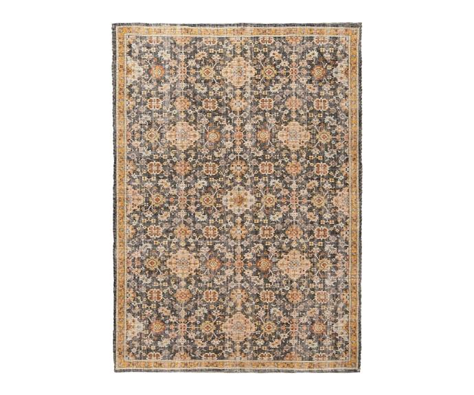 **[Juanita orange and charcoal floral distressed rug, $365 to $1195, Miss Amara](https://missamara.com.au/products/juanita-orange-and-charcoal-floral-distressed-rug|target="_blank"|rel="nofollow")**

Evocative of the flower power era, this bohemian rug features an intricate floral pattern with primarily orange and charcoal hues - helping to cultivate a warm ambience in the home. **[SHOP NOW.](https://missamara.com.au/products/juanita-orange-and-charcoal-floral-distressed-rug|target="_blank"|rel="nofollow")**