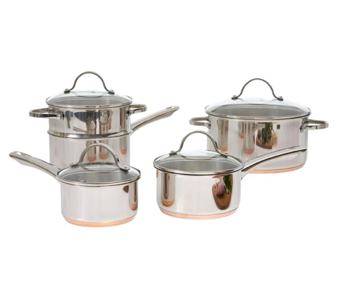 **[Smith & Nobel Luminous 5pc copper base stainless steel cookset, $129.95 (usually  $349.95), Harris Scarfe](https://www.harrisscarfe.com.au/kitchen-dining/cookware/co-cookware-sets/smith-nobel-luminous-5-piece-copper-base-stainless-steel-cookset/SP_431158|target="_blank"|rel="nofollow")**

Add a hint of rustic charm to your stovetop with this copper base stainless steel set from Smith & Nobel. Combining the durability of stainless steel with the even heat distribution and conductivity of copper, this set of three saucepans, a casserole pot and a steamer will make dinnertime something always to look forward to. **[SHOP NOW.](https://www.harrisscarfe.com.au/kitchen-dining/cookware/co-cookware-sets/smith-nobel-luminous-5-piece-copper-base-stainless-steel-cookset/SP_431158|target="_blank"|rel="nofollow")**